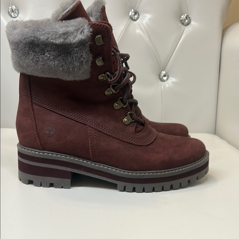 Timberland Gray and burgundy Winter Rain Boots with Fluffy Lining